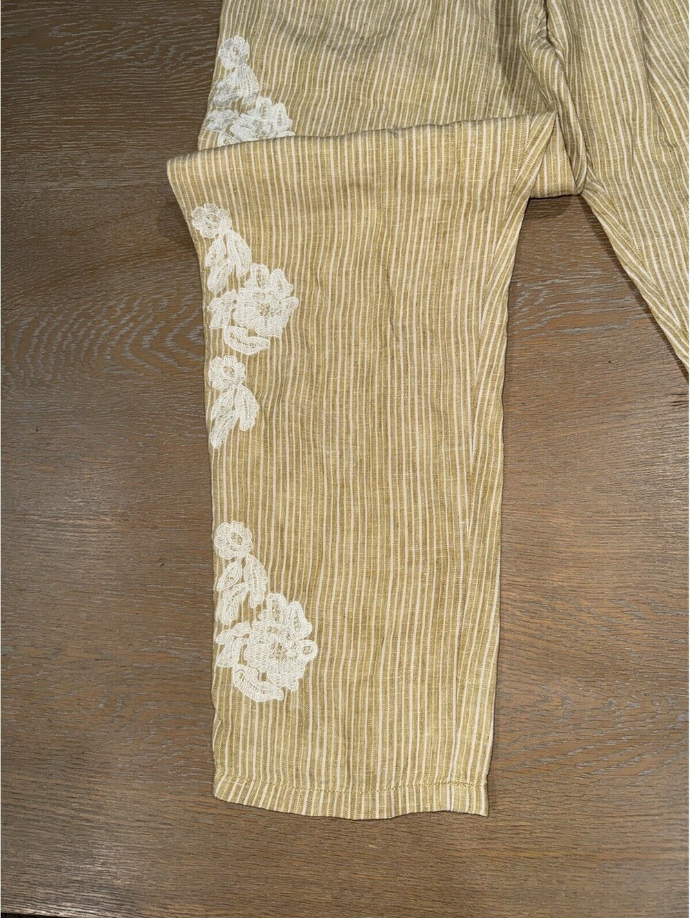 Anthropologie Linen Yellow Striped Pants 26.5" Embroidered SIZE XS Beach Summer - Picture 3 of 8